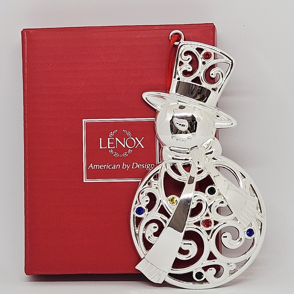 Lenox - Sparkle And Scroll Silver Plated Colored Rhinestone Snowman Ornament